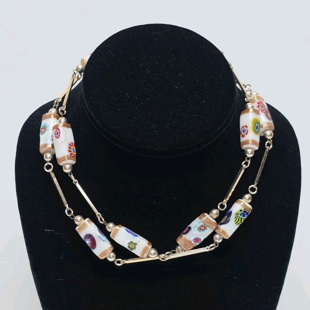 Vintage Murano Millefiori Multicolor Rectangular Beads Station Necklace Boho